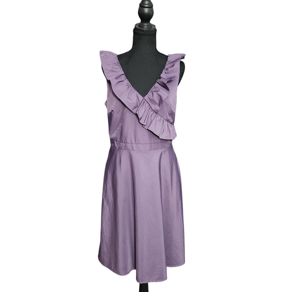 Chic Classic Purple Ruffle V-Neck Sheen Dress Fit & Flare Womens Party Dress 10